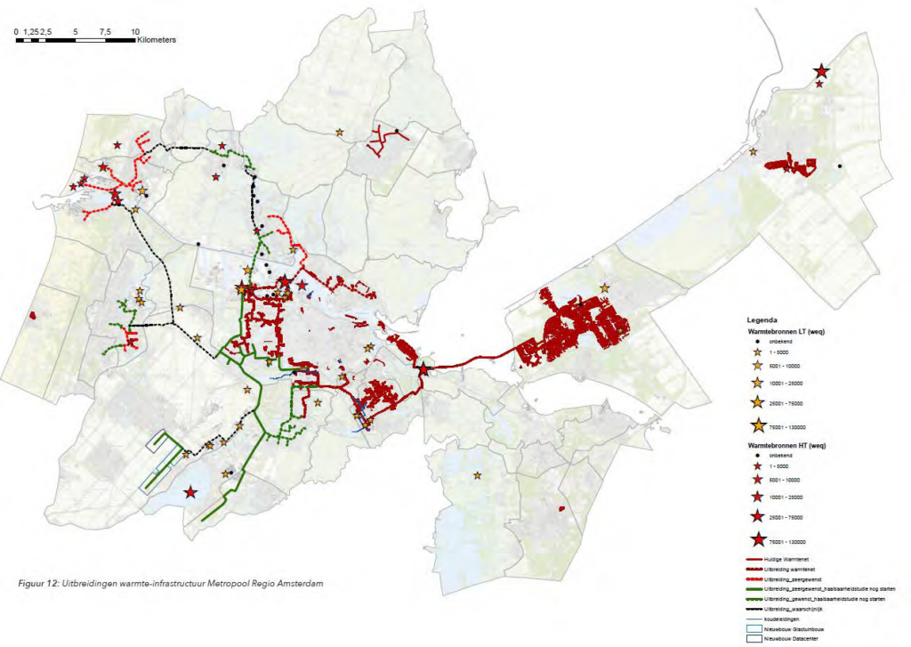 Kaart regionaal warmtenet MRA. De uitbreidingen van het regionale net vanuit de IJmond zijn met de huidige kennis niet meer waarschijnlijk