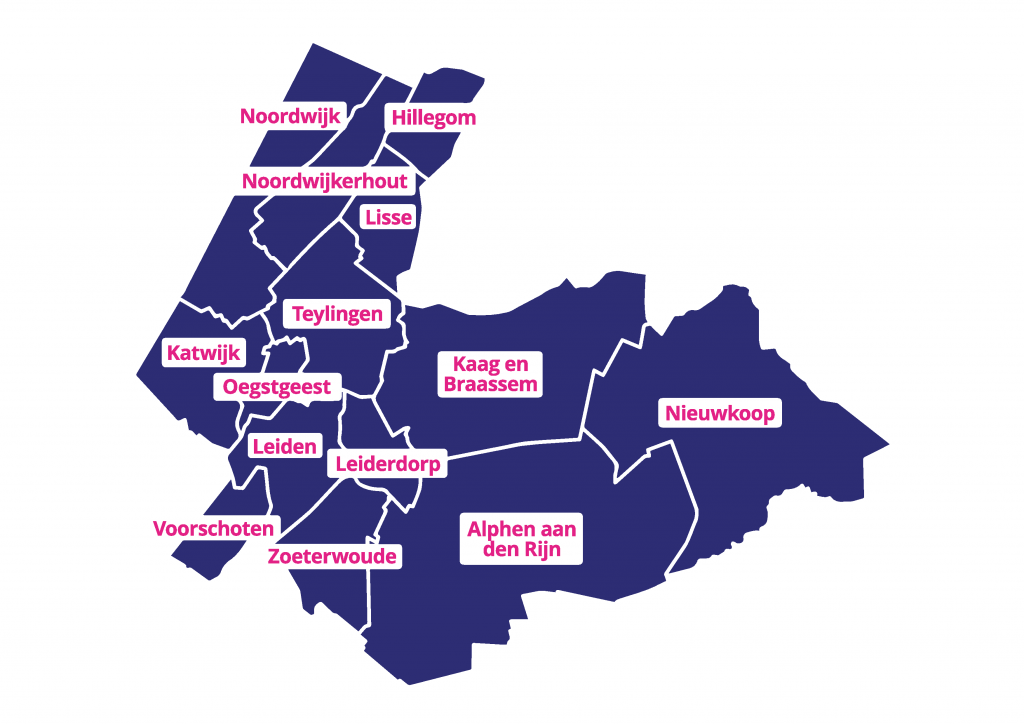 Kaartje verzorgingsgebied Huren in Holland Rijnland